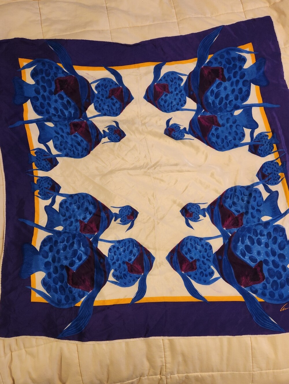 Vintage Anne Klein, Tropical Blue Fish Scarf 35 Inch Square, EUC
